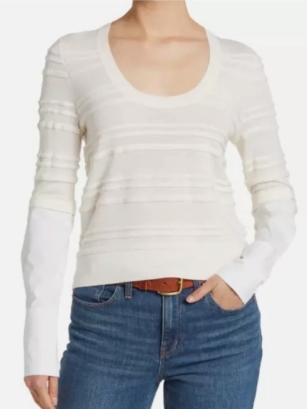 Veronica Beard Cream Textured Scoopneck Pullover